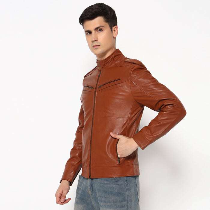 Men Brown Genuine Leather Biker Jacket