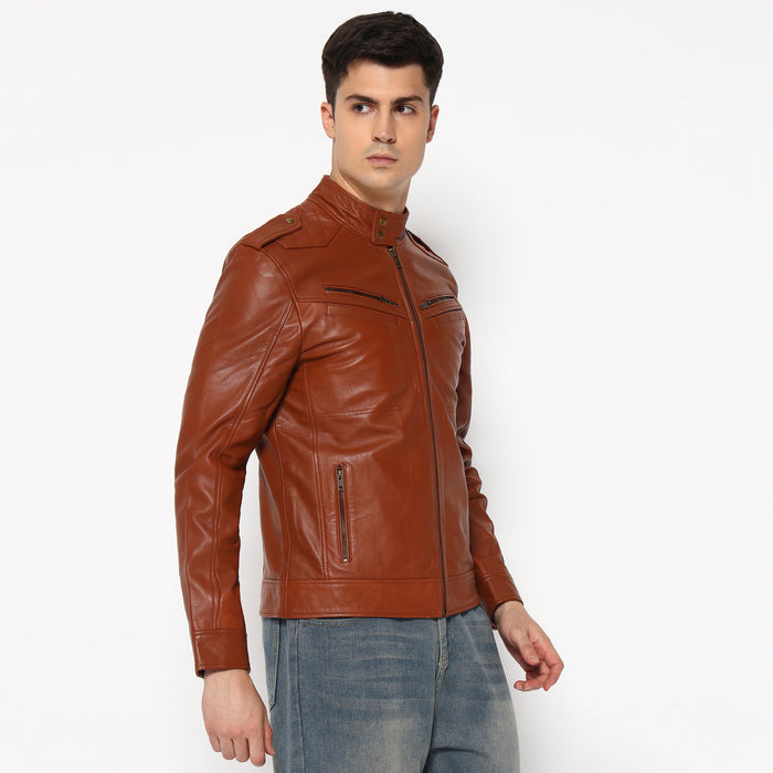 Men Brown Genuine Leather Biker Jacket