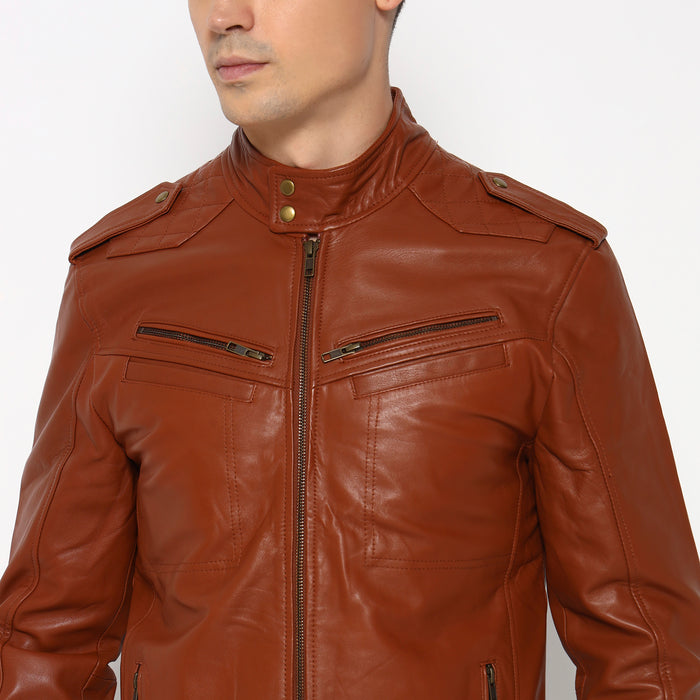 Men Brown Genuine Leather Biker Jacket