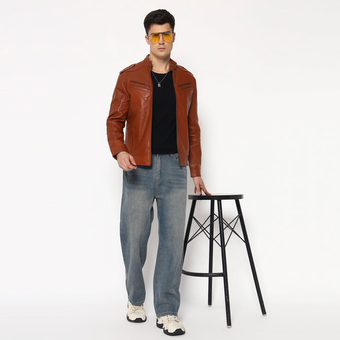 Men Brown Genuine Leather Biker Jacket