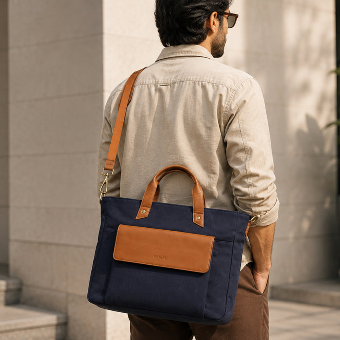 Voyager Canvas Leather Briefcase, Dark Blue