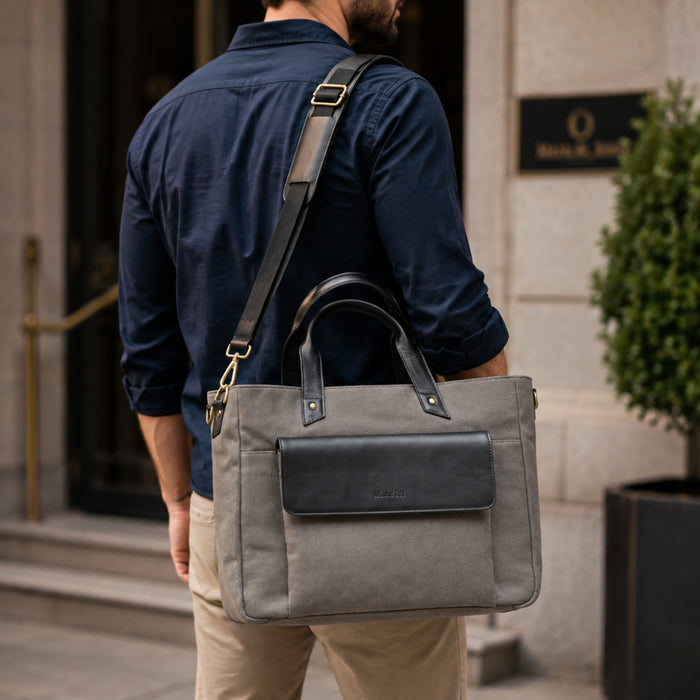 Voyager Canvas Leather Briefcase, Gray