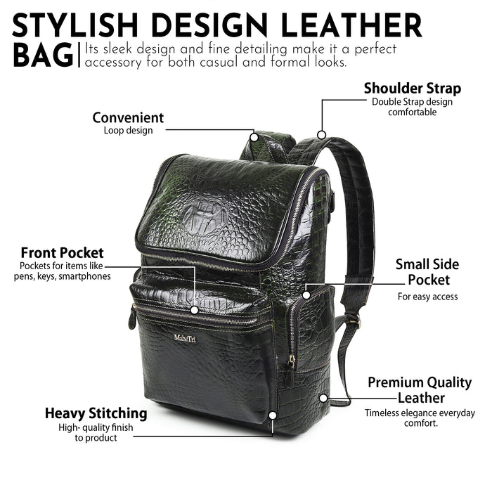Regal Crocodile Texture Laptop Backpack, Dark Green