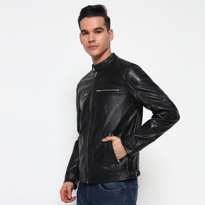Phantom Black Leather Bomber Jacket