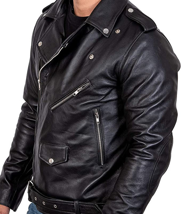 Leather Men's Black Crumpled Genuine Lambskin Motorcycle Jacket