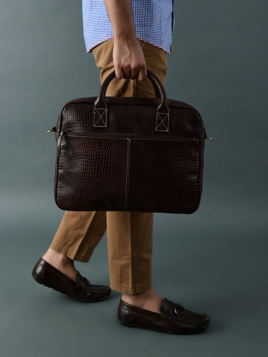 Laurent Slim Leather Briefcase- Dark Brown