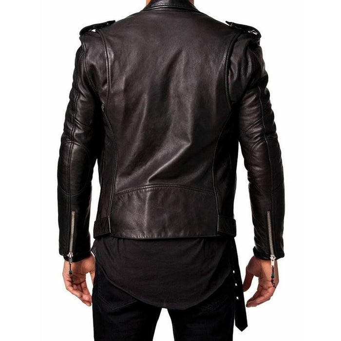 Leather Men's Black Crumpled Genuine Lambskin Motorcycle Jacket