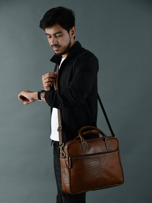 Laurent Slim Leather Briefcase- Brown