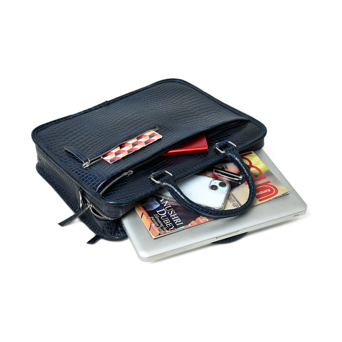 Croco Leather Computer Bag, Navy — MaheTri