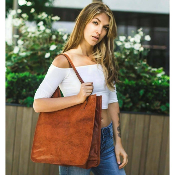 Vintage Style Genuine Brown Leather Tote Women Classy Leather Bags 