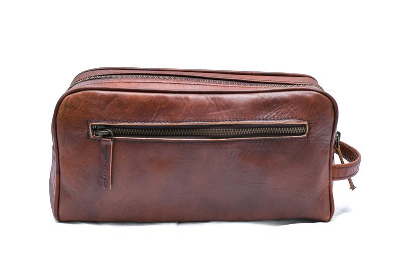 Vintage Brown Leather Toiletry Bag Double Zipper Classy Leather, Inc 