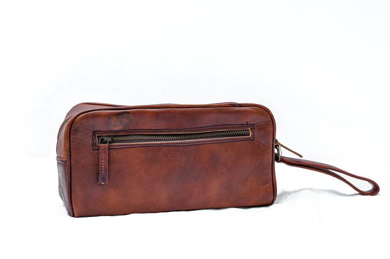 Vintage Brown Leather Toiletry Bag Single Zipper Classy Leather, Inc 