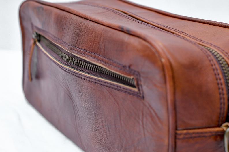 Vintage Brown Leather Toiletry Bag Single Zipper Classy Leather, Inc 