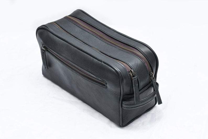 Black Leather Toiletry Bag Double Zipper Classy Leather Bags 