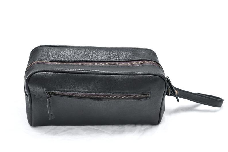 Black Leather Toiletry Bag Double Zipper Classy Leather Bags 